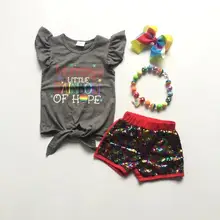 Летняя одежда для маленьких девочек серая рубашка «mommy's little rainbow oh hope» Блестящие Брюки с бантом и necklace ем