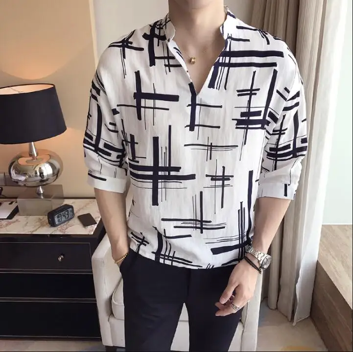 Aventurarse lo mismo Incontable Sunwang camisas de vestir de Los Hombres Con Cuello En V Sin botones de la  camisa de los hombres camisa de manga Tres Cuartos de impresión de la raya  ocasional masculina camisas