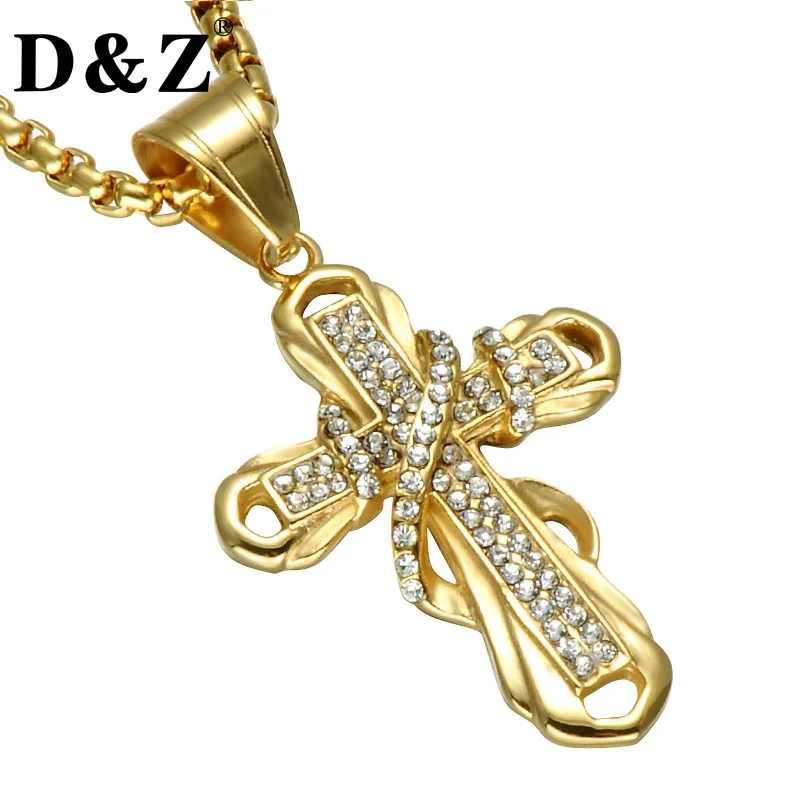 

D&Z Hip Hop Ice Out Cross Pendant Necklace Gold Color Pave Crystal Stainless Steel Crucifix Necklaces Christian Jewelry