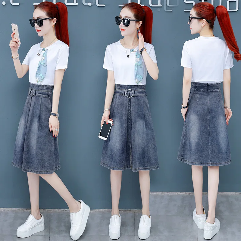

New Lady's Leisure Suit Cotton Blended Women's T-shirt + Denim Skirt Summer Fashion Street Ladies Denim Skirt Shirt Size S-xl
