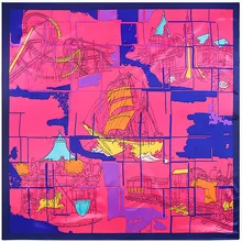 Sketch Sailing Train Construction Scarf Silk Feeling 90cm Scarves Match Apparel Accessory Woman Girl’s Add Clothing Gift 90FJ42