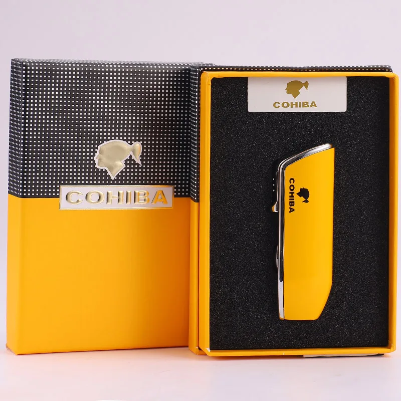 COHIBA острый сигарный Нож металлический ветрозащитный 3 струйный газовый фонарь для сигарет Зажигалка W/Пробивной сигареты набор аксессуаров для курения - Цвет: Yellow Only Lighter