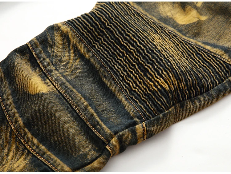 Европа и Соединенные Штаты моды Tide мужской локомотив морщин стрейч тонкие джинсы карман на молнии Брюки