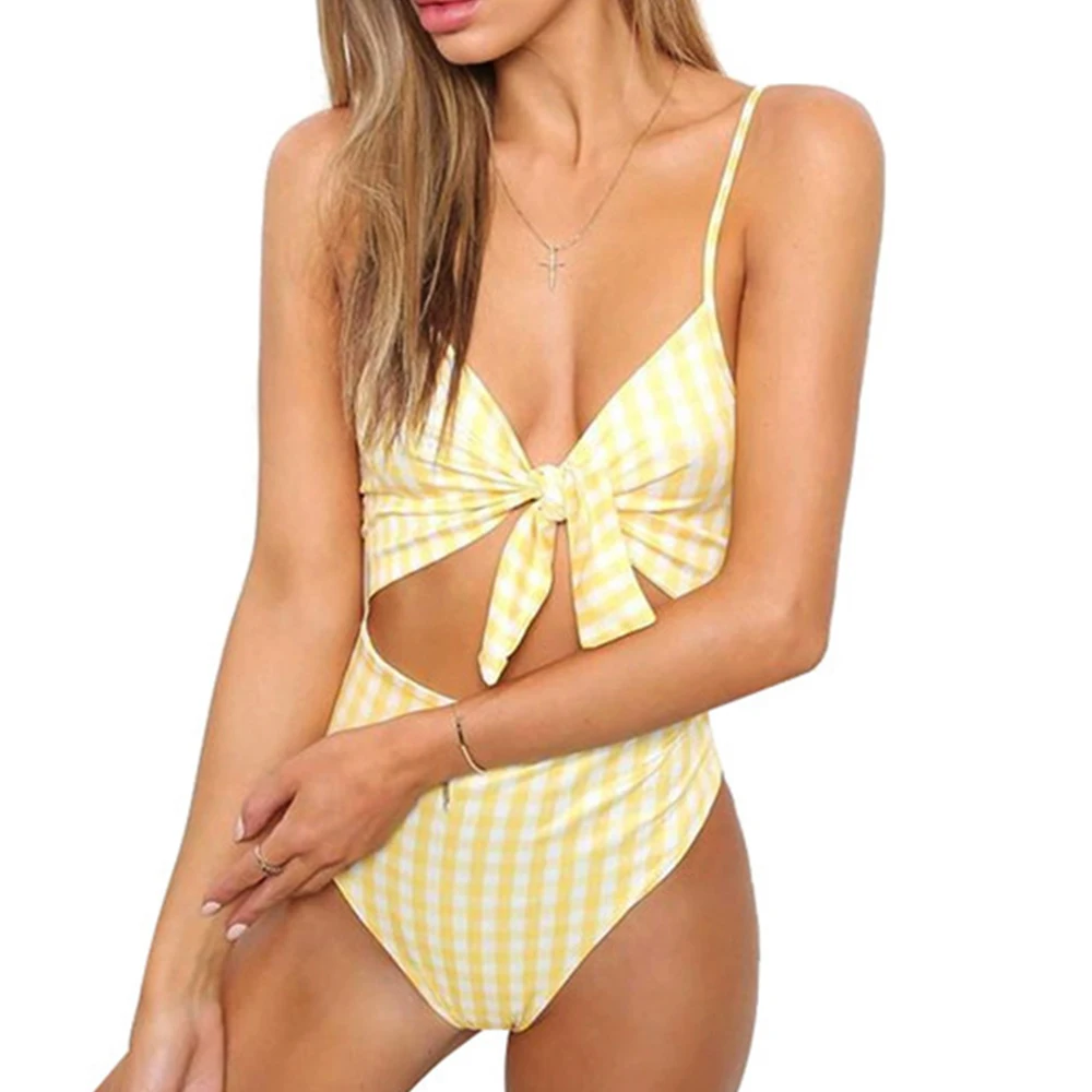 

Sexy Knot Front Swimwear Women One Piece swimsuit High Cut Hollow Bodysuit Female Swimming Suit Bathing Beachwear Monokini 2018