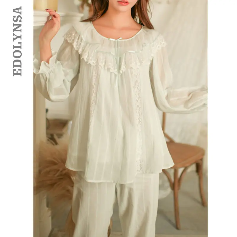 

2019 Spring Vintgae Sleepwear Women Night Wear Pajama Set Lace Ruffled Long Sleeve Cotton Pyjama Femme Home Wear Pijama T448
