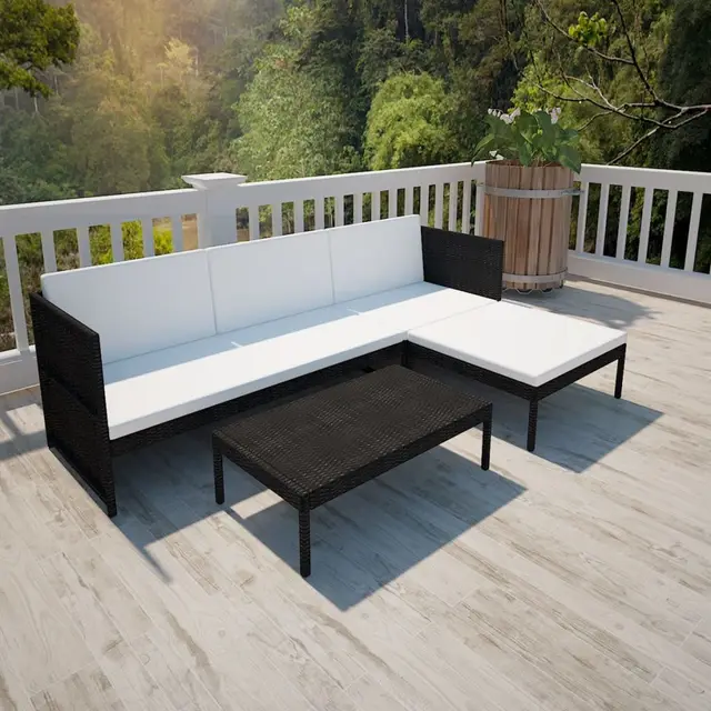 vidaXL Black Outdoor Poly Rattan Lounge Set Three Seat Sofain Garden
