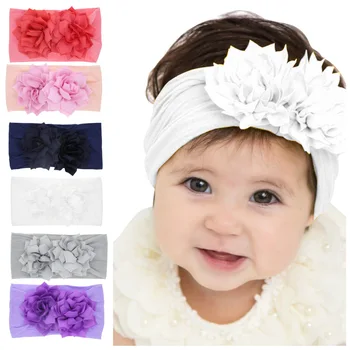 

6 Colors Baby girls nylon headband two lotus flower baby headbands baby stretch rabbit ears Headwarp Infant Nylon head warps