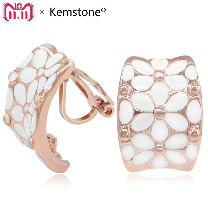 

Kemstone Rose Gold Color White Enamel Flower Clip On Earrings for Women