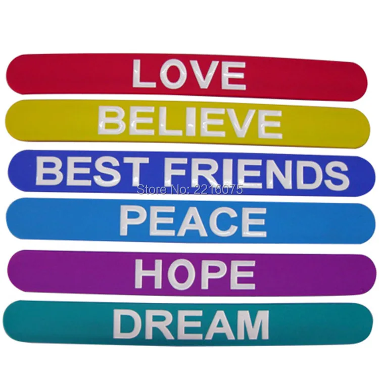 

500pcs sports LOVE BELIEVE BEST FRIENDS PEACE HOPE DREAM silicone slap bracelets rubber wristband free shipping by DHL express