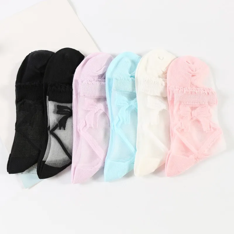 

New Mesh Glass Transparent Socks Lady Fashion Bowknot Knit Frill Trim Girls Spring Summer Short Socks