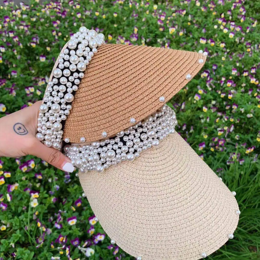 Женский обруч жемчужный головной убор Raffia Козырек Кепка s Для Девочек Пляжные Шляпы плетеная модная шапка женская летняя соломенная шляпа от солнца