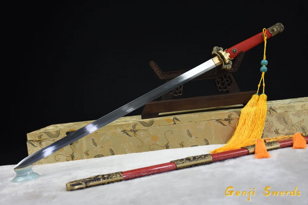 Full Handmade Chinese Tang Sword Damascus Folded Steel Real Sharp Edge Full Fish Leather Saya