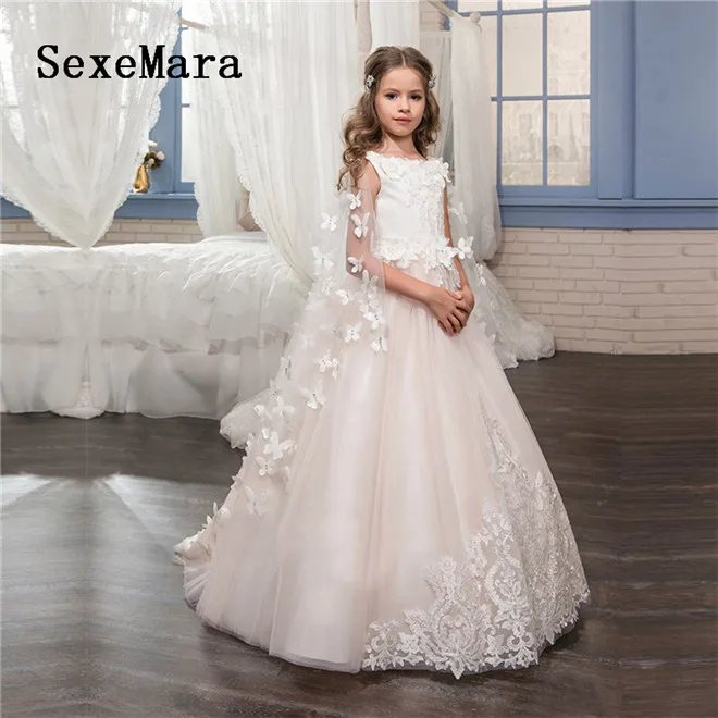 Белое кружевное платье с цветочным узором для девочек на свадьбу, детское вечернее платье с накидкой, платья для первого причастия для девочек, пышные платья