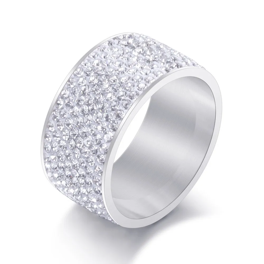 NHGBFT 12 мм широкий женский белый кристалл CZ кольца золото/черный цвет нержавеющая сталь кольцо Свадебные ювелирные изделия дропшиппинг - Цвет основного камня: Silver white