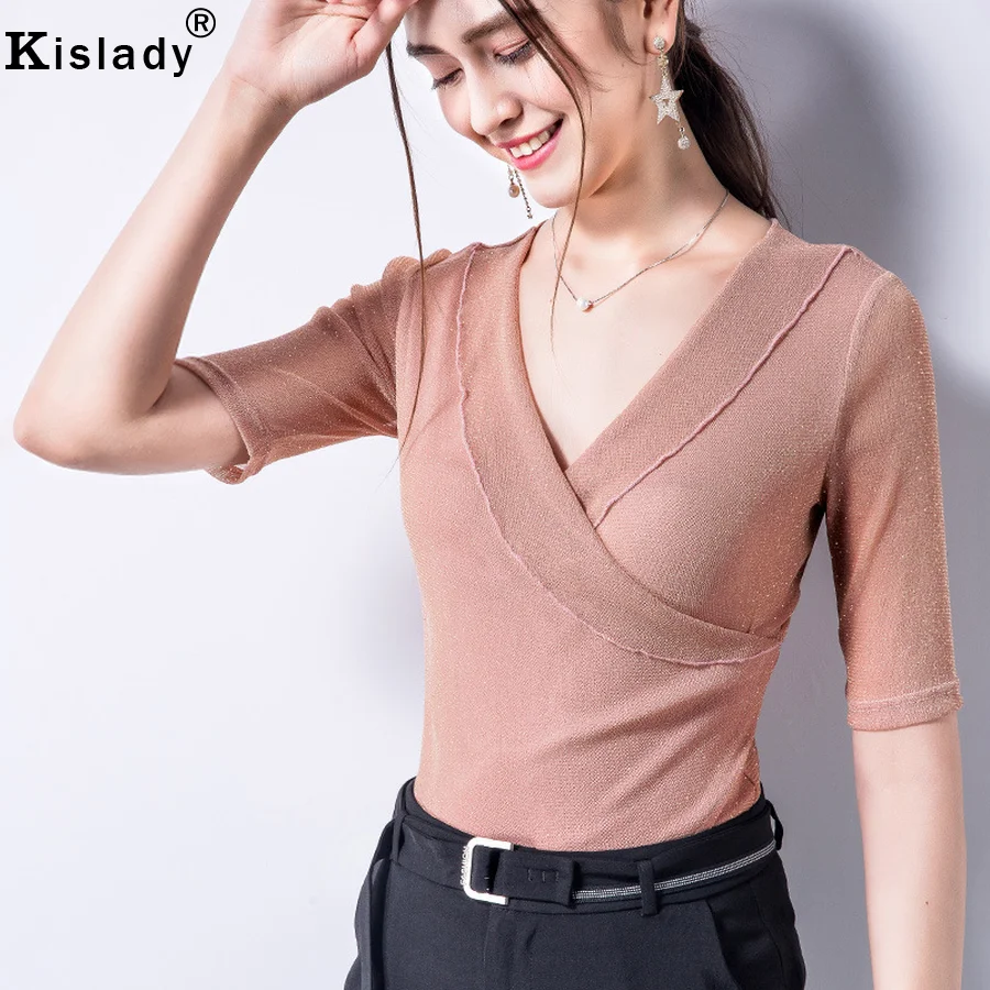 

Kislady Summer 2019 Shining Silk V Neck Women Shirts Fashion Fairy Half Sleeve Tops for Female Plus Size Harajuku Korean Clothes