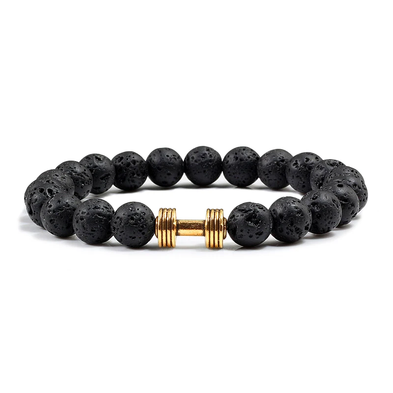

Simple Classic Natural Stone Lava Bracelets Dumbbell Beaded Gold/Sliver/Black Charm Strand Bracelet Women Bangle Men Friend Gift