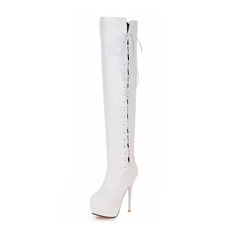 RIZABINA/черные, белые Сапоги выше колена размера плюс 33-46 обувь на платформе и тонком каблуке высококачественные женские сапоги с перекрестными ремешками