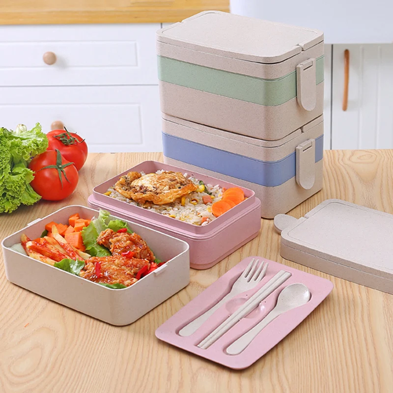 3 Layers Rectangle Lunch Box Microwave Heated Food Container Eco Friendly Wheat Straw Bento Box