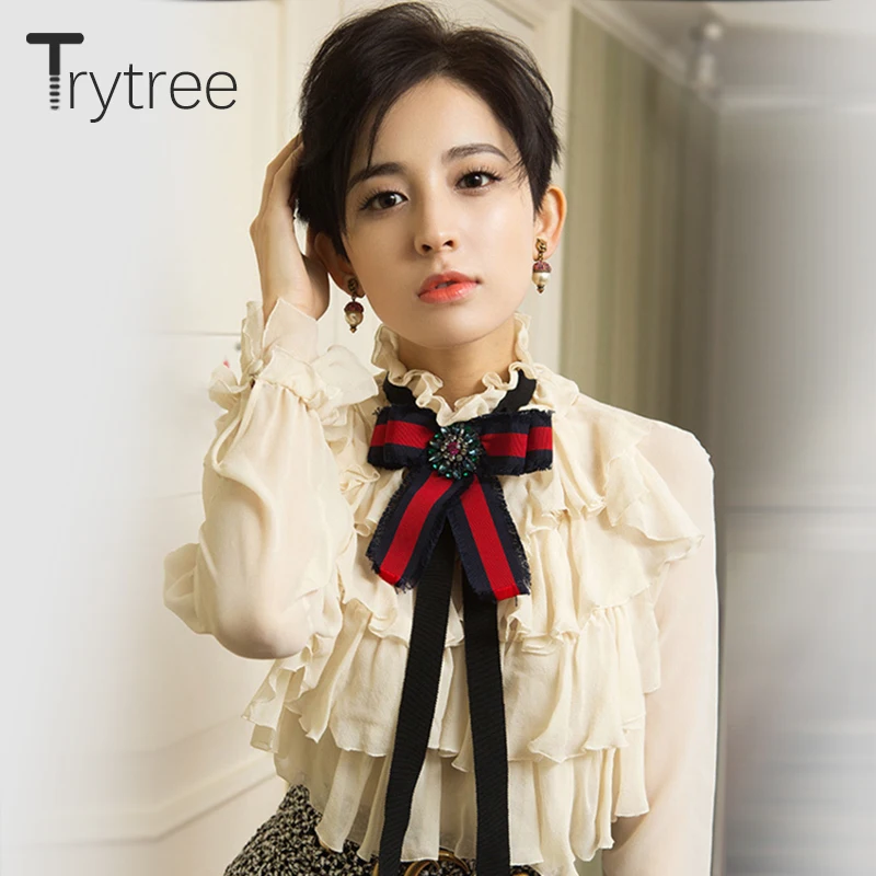 Skup Ttytree 2018 Lato Jesień Bluzki Casual Apricot koszula Kobiety Urząd Lady Długim Rękawem Stań Collar Bow Ruffles Topy Koszule