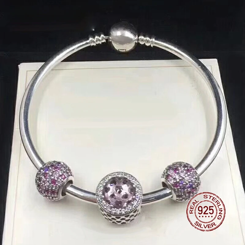 

NEW 100% 925 Sterling Silver Bracelet Light Purple Charm Bangles for Women With DIY Beads Modern Love Jewelry Bracelet Sets Gift