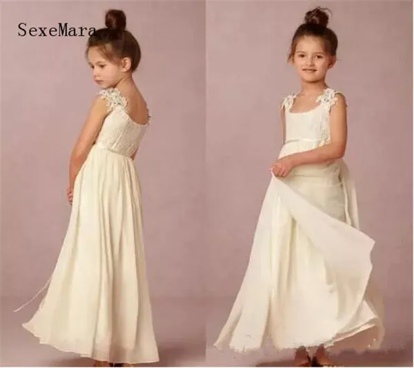 

Ivory White 2018 Girls Dresses for Wedding Party Ankle Length with Lace Zipper Back Pageant Gown Birthday Dress Custom Made