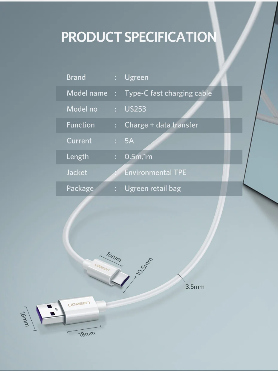 Ugreen 5A usb type-C кабель USB 3,1 быстрое зарядное устройство type-C Серебряный суперзарядный кабель для huawei P10 P20 Pro mate 10 USB C шнур