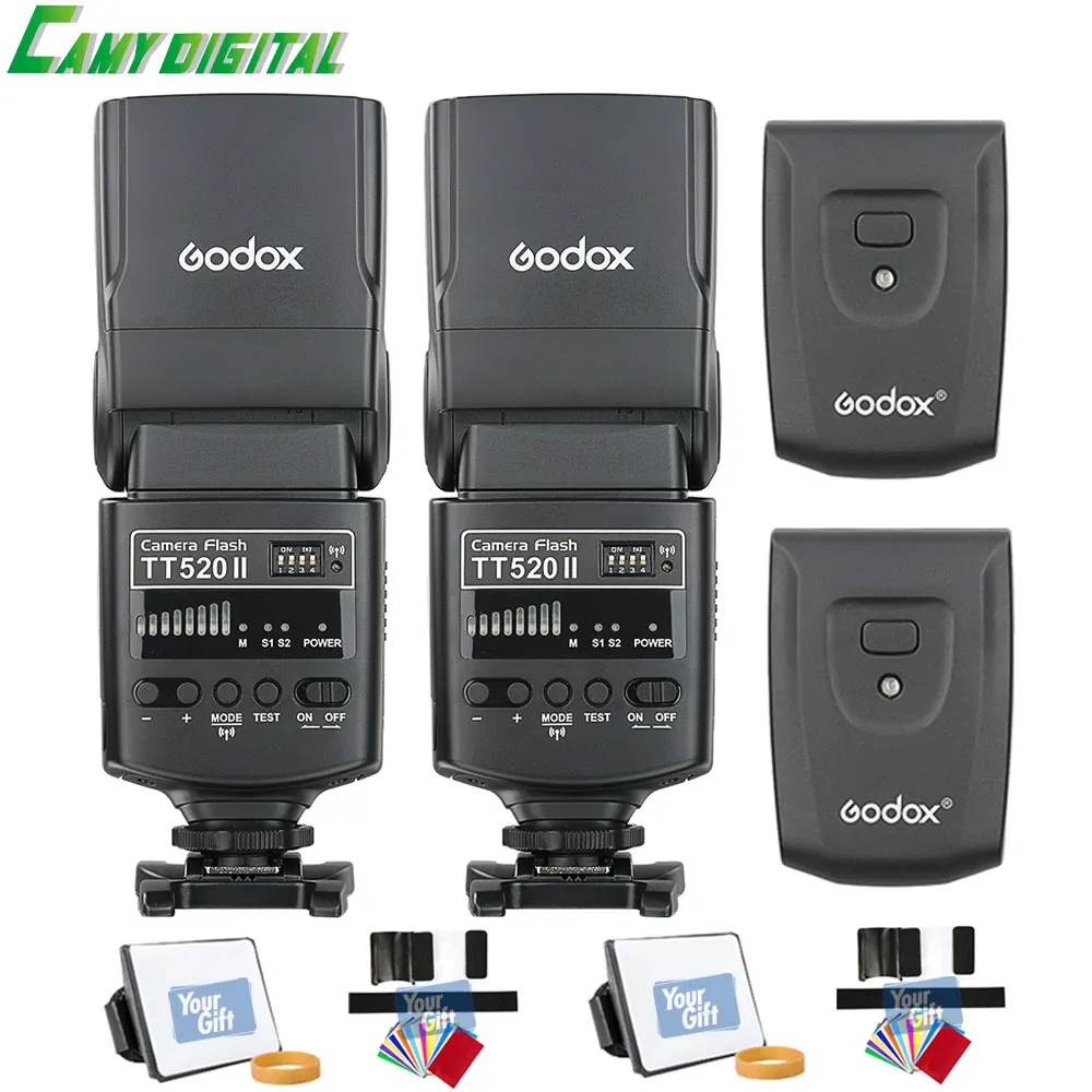 

Godox Camera Flash TT520II*2 GN33 with Build-in 433MHz Wireless Transmission+SoftBox+Colot Filter Kit For All DSLR Cameras