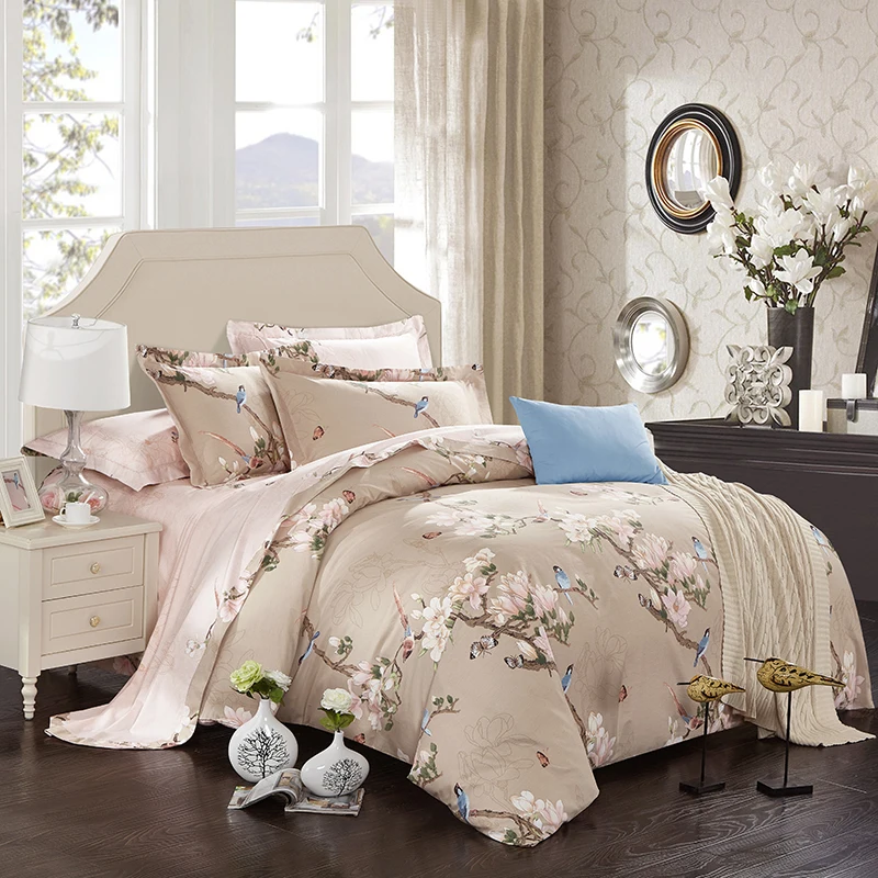 

100% Cotton Soft Bed Linen Set Flowers Birds Print Bedding Sets King Queen Size Bed Set Bed Sheet Set Duvet Cover Pillow Sham
