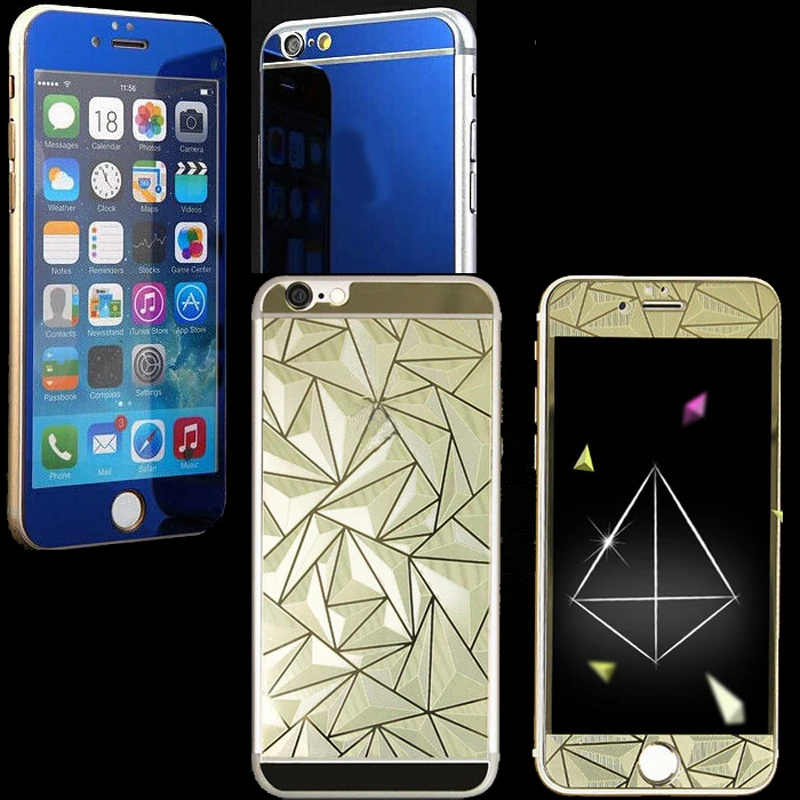 2pcs Front+Back 3D Diamond Mirror Effect Color Tempered Glass for Iphone 4 4S 5 5S 6 6S 6Plus 6Splus Film case Screen Protector