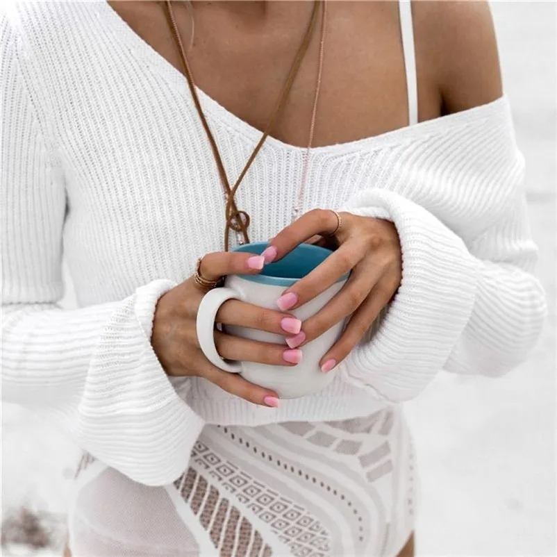 HOT sell sweaters fashion 2018 women White V-neck Long Sleeve Knitting Crop Top Knitwear Blouse Sweater Tops invierno A28#N (2)