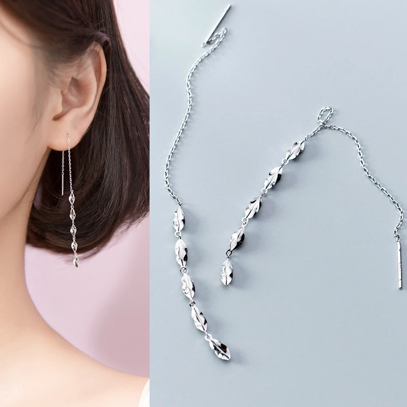 S925 Sterling Silver Hammer Twisted Long Chain Threader Earrings Simple Women Jewelry Gifts - 10.4cm Length | Украшения и