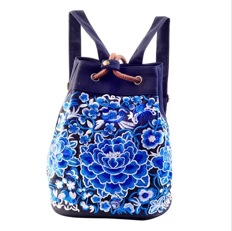 Винтаж Вышивка женский рюкзак Обувь для девочек Дорожная сумка в этническом стиле вышитые женственный рюкзак для Обувь для девочек - Цвет: blue and white