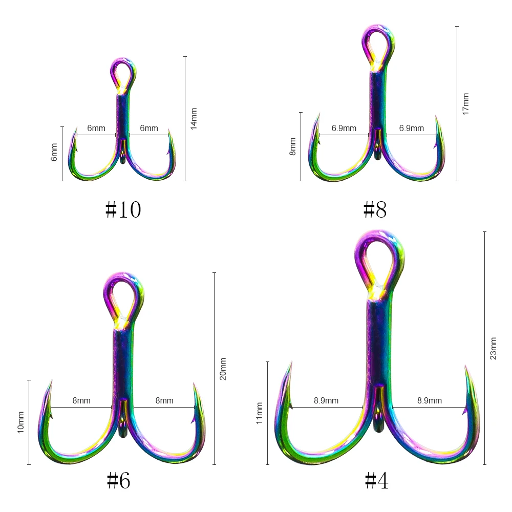 10 шт. тройной рыболовный крючок из нержавеющей стали для соленой воды, пресноводный красочный Радужный якорь, тройной колючий рыболовный крючок 4 6 8 10