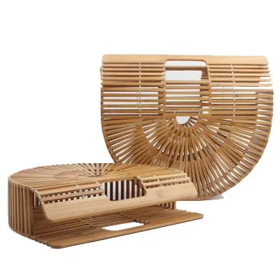 

2018 New Hollow Handmade Woven Bag Bamboo Bag Beach Handbag Wooden Semicircle Cage Bag Size Clutch