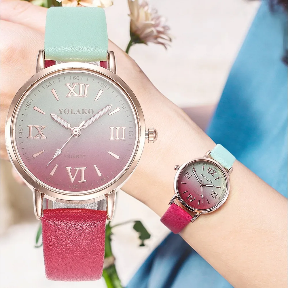 

YOLAKO Brand Women Retro Gradient Rainbow Leather Watch Casual Ladies Sport Quartz Watches Luxury Wrist Watch Relogio Feminino