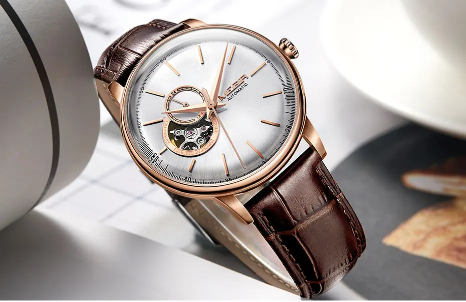 Мужские механические наручные часы MEGIR с кожаным ремешком, модные повседневные деловые наручные часы для мужчин, водонепроницаемые, 5 бар, 62057G-BK-1