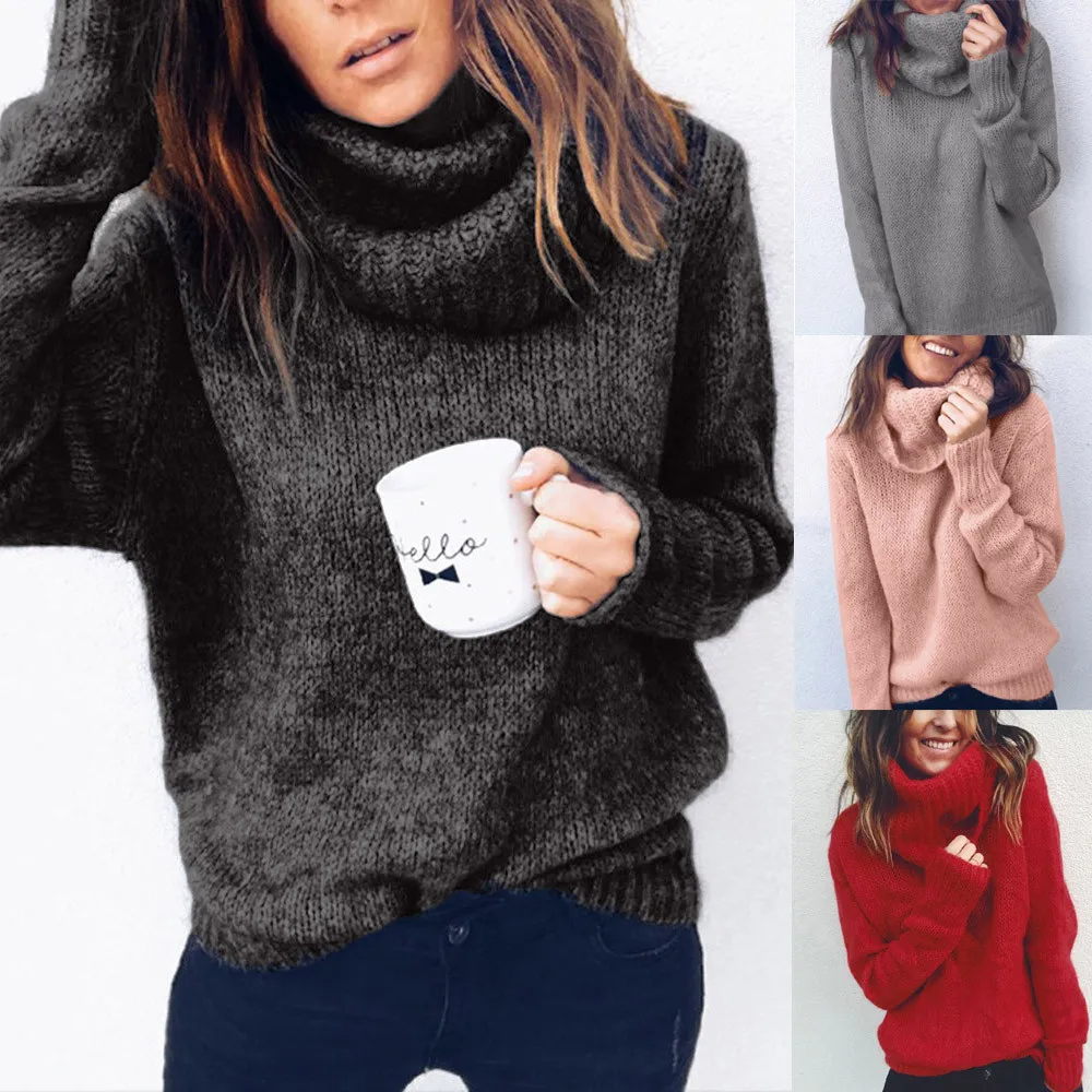 

Winter Women Shirt Solid Long Sleeve Turtleneck Knitted Sweater Jumper Pullover Top Blouse Fashion 2018 Woman Sweater pull W712