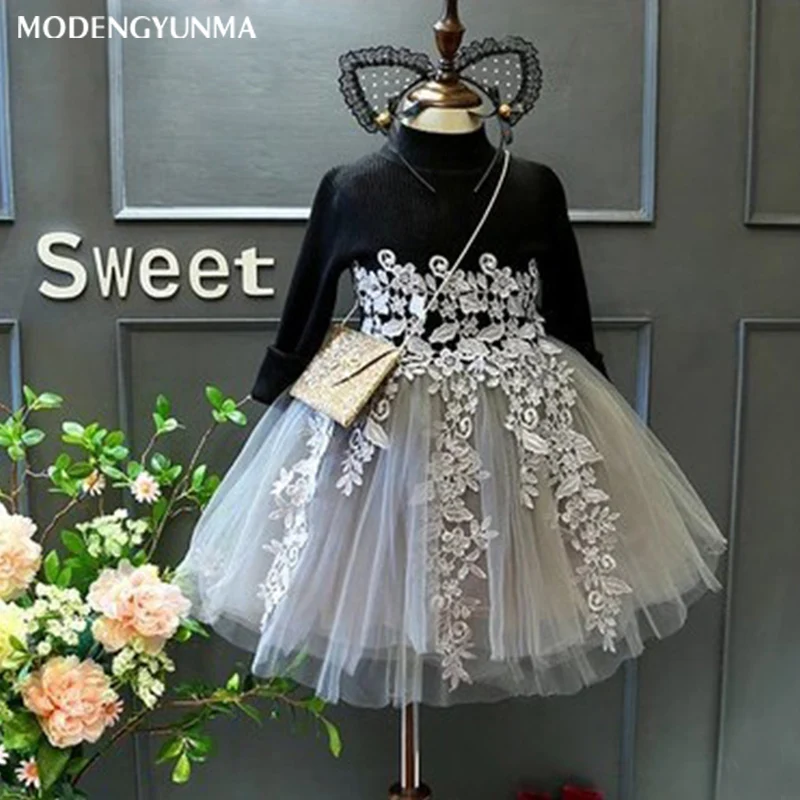 Girls Dress 2021 Children Floral Dresses Girl Clothes Lace Solid Party Knit Sweater Kid Princess 2-6Y | Детская одежда и обувь