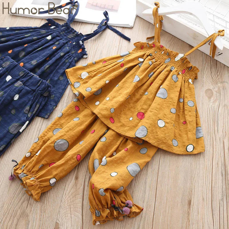 

Humor Bear Girl Clothes Suit 2019 Summer New Fashion Dot Bubble Sling op +Shorts 2PCS Set Bodysuit Children Baby Girls Clothing