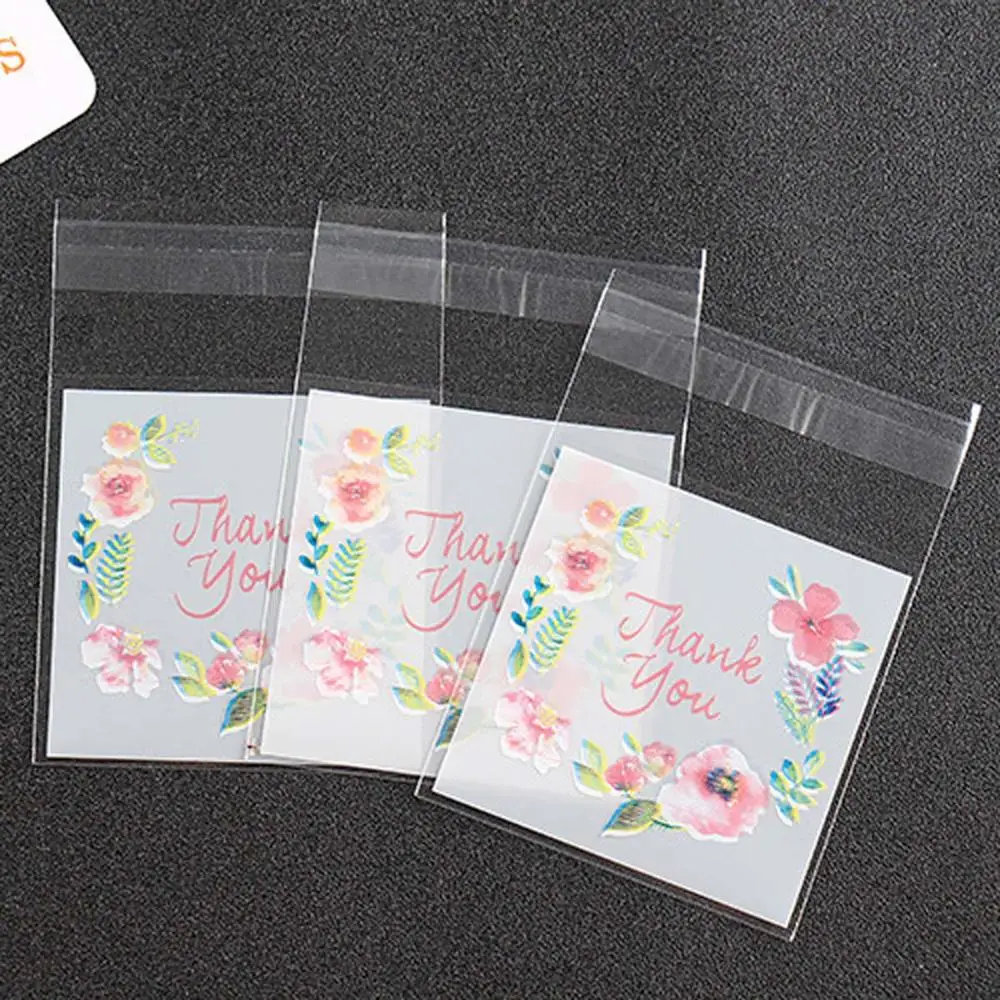 

100pcs/pack 4 Sizes Thank You Flower Pattern Self Adhesive DIY Cookie Plastic Bags Festival Party Gift Packing Storage Seal Bag
