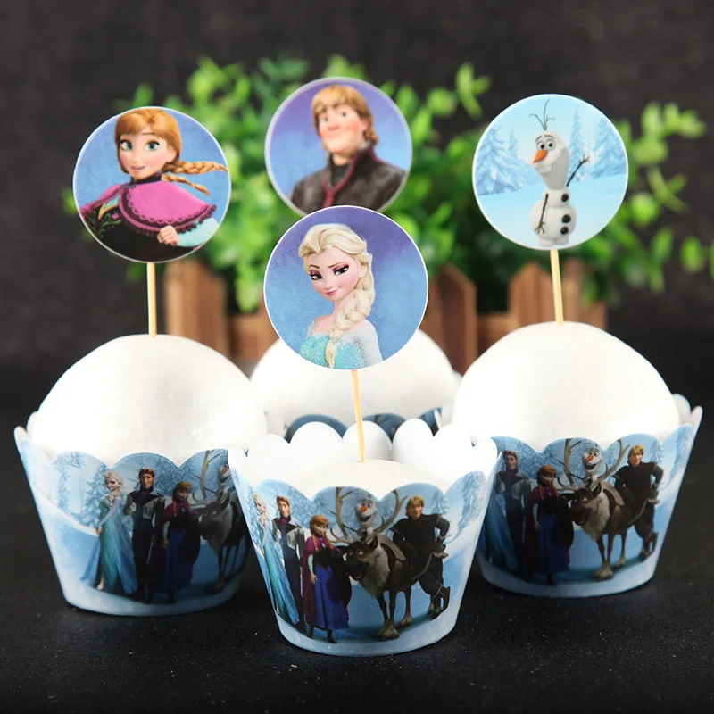 

24pcs Disney Frozen Cake Cupcake Toppers Wrappers Wedding Decoration Kids Birthday Party Supplies Cake Baking Decoration