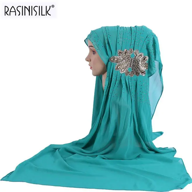Новые женские дизайнерские хиджаб шарфы большая аппликация стразами пузырь шифон мусульманский шарф Ислам платок арабский тюрбан - Цвет: C4 haqing