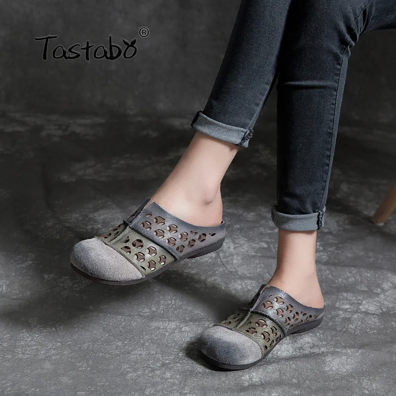 

Tastabo Outdoor Handmade Slides Casual Wild Non-slip soft bottom Ladies beach shoes S7208 Gray Red Suede toe design Comfortable