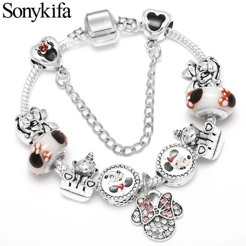

Sonykifa Dropshipping Silver Snake Chain Charm Bracelet Kids Cute Mickey Minnie Pandoro Bracelet Women Christmas Jewelry