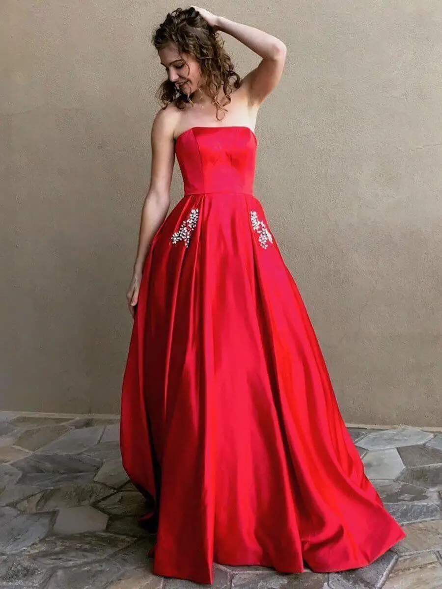 Satin Evening Dresses Long 2019 A-Line Vestido De Festa Strapless Party Formal Prom Pageant Ball Gowns Lace Up Corset