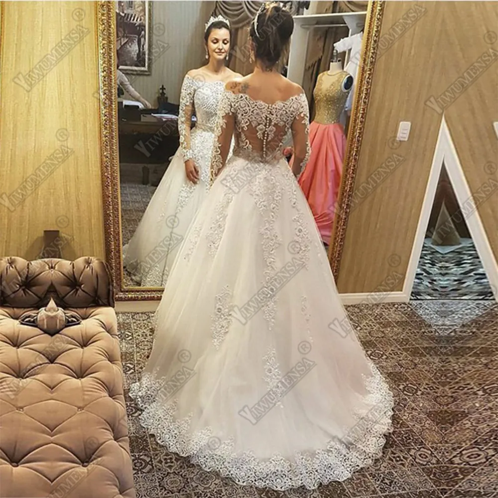 Vestido De Casamento 2 в 1 свадебное платье из тюля с длинными рукавами и тяжелыми жемчужинами роскошное свадебное платье es Robe De Mariee