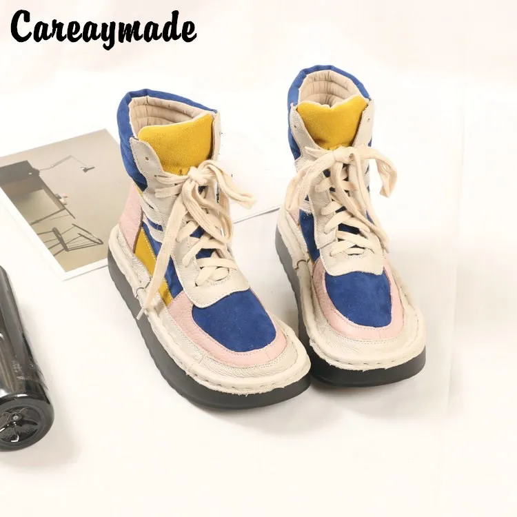Careaymade-Genuine leather pure handmade boots, Japanese leisure lace round thick bottom short boots the female boots,2 colors Careaymade-Genuine leather pure handmade boots, Japanese leisure lace round thick bottom short boots the female boots,2 colors