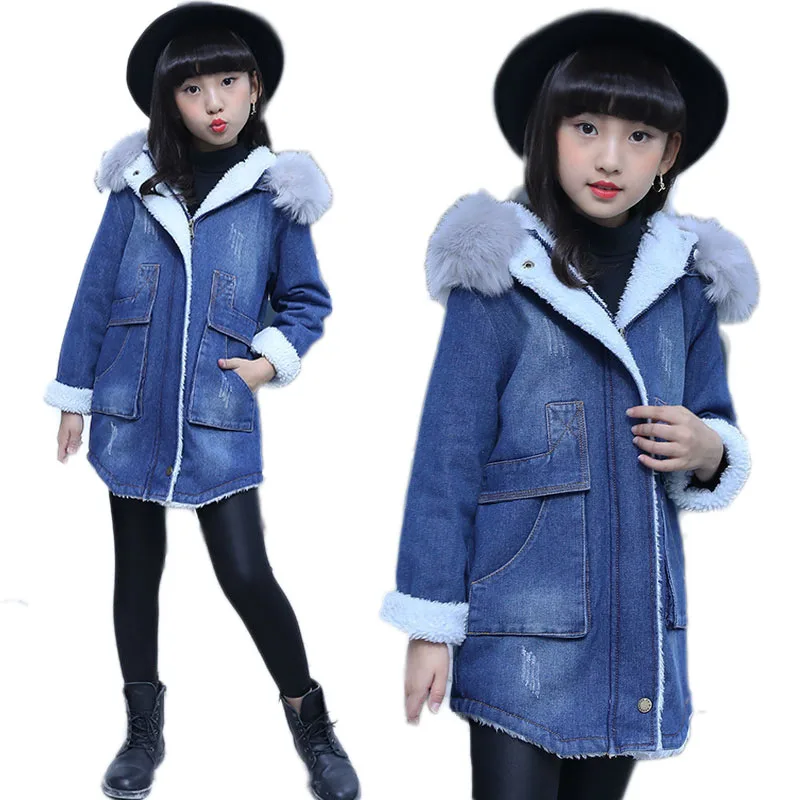 

Children Winter Girls Jean Jacket Coat Real Fur Collar Fleece Hooded Jacket Lamb Fur Cashmere Cowgirls Padded Denim Coat E324