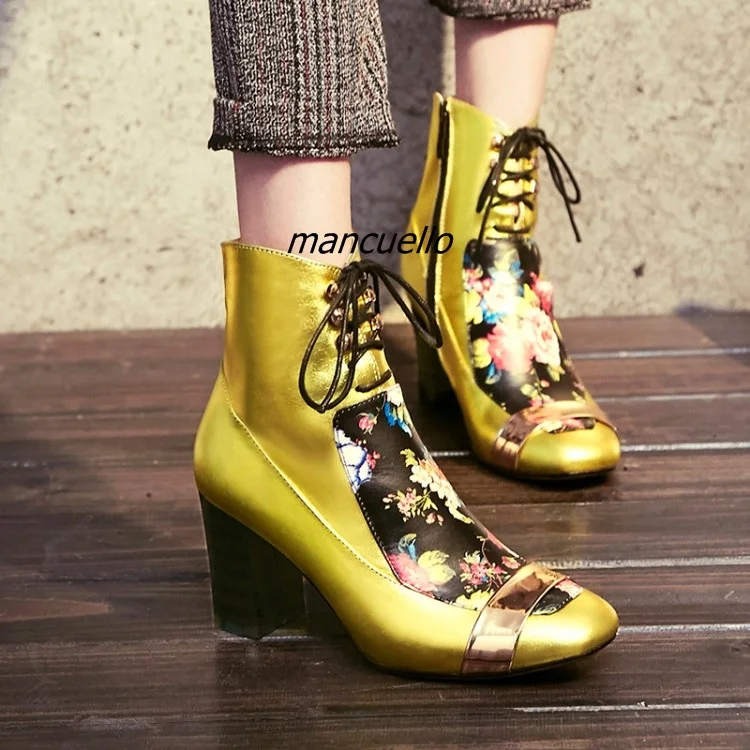 

Unique Design Flowers Print PU Leather Heels Trendy Square Toe Block Heel Lace Up Ankle Boots Fashion Chunky Heel Boots New