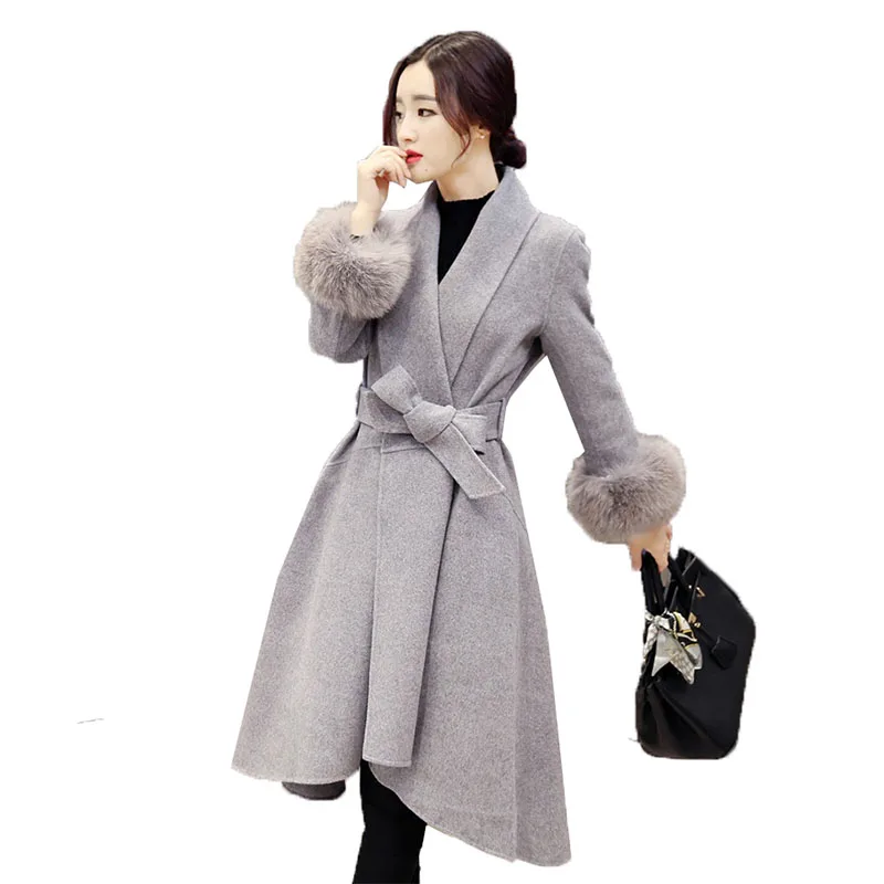 

Winter Wool Blend Coat 2019 Fashion woolen Long sleeve Medium-long Solid Detachable Fur Plus Size 3XL Elegant Outerwear femme